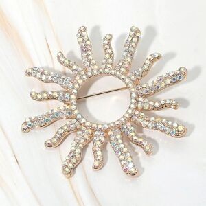 Rhinestone Gold Tone Sunburst Pin Brooch
